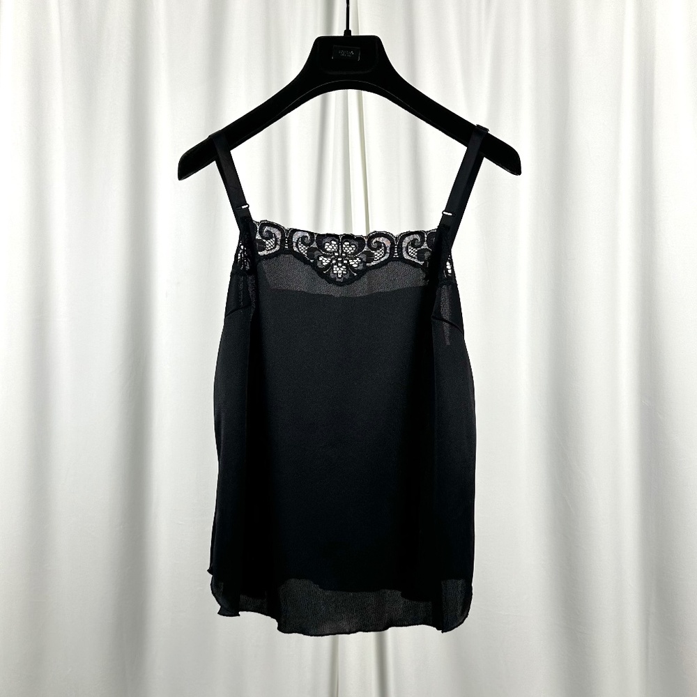 Vintage 80s 90s Black Nylon Lace Camisole Sheer Lingerie Top - S